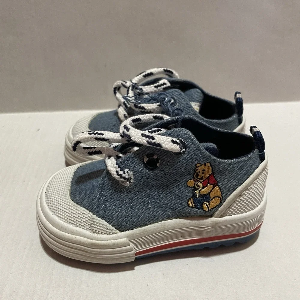 90s Vintage DISNEY Winnie the Pooh Denim Canvas Baby Shoes Embroidered Size 3